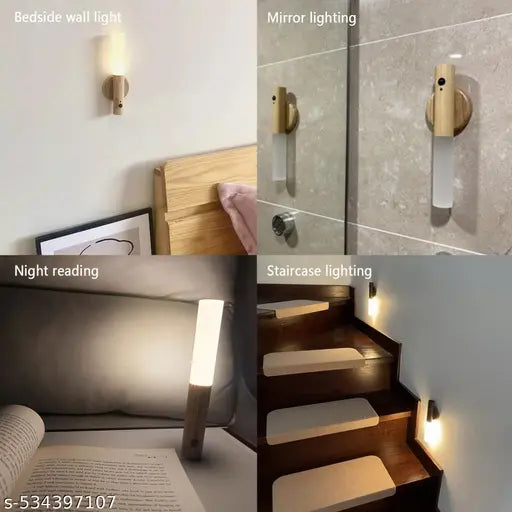 2 Pack Wooden Motion Sensor Night Lights, Magnet Body Hallway Rechargeable LED Wireless Wall Sconces, Portable Decor Battery Powered Indoor Torch Lighting for Bedroom