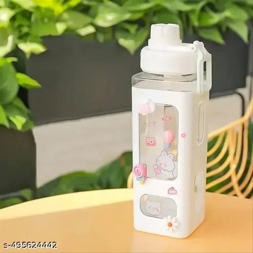 Kawaii Water Bottle With Straw And 3D Stickers Cute Aesthetic Bottle Kawaii Milk Bottle Tea Cup Juice Shaker Leakproof Square Drinking Bottle