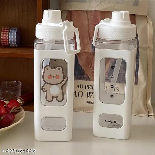 Kawaii Water Bottle With Straw And 3D Stickers Cute Aesthetic Bottle Kawaii Milk Bottle Tea Cup Juice Shaker Leakproof Square Drinking Bottle