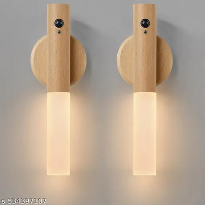 2 Pack Wooden Motion Sensor Night Lights, Magnet Body Hallway Rechargeable LED Wireless Wall Sconces, Portable Decor Battery Powered Indoor Torch Lighting for Bedroom
